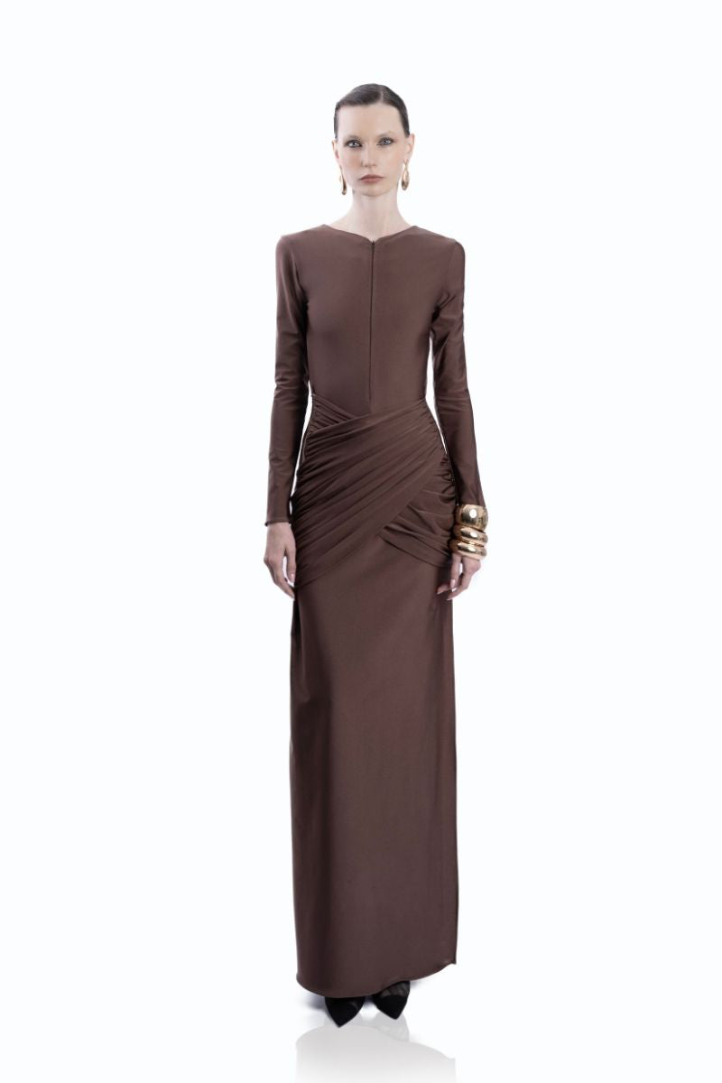 LEDIEL Martinica dress in Mocca, elegant gown with flowing fabric and classic design, displayed on a hanger against a neutral background.