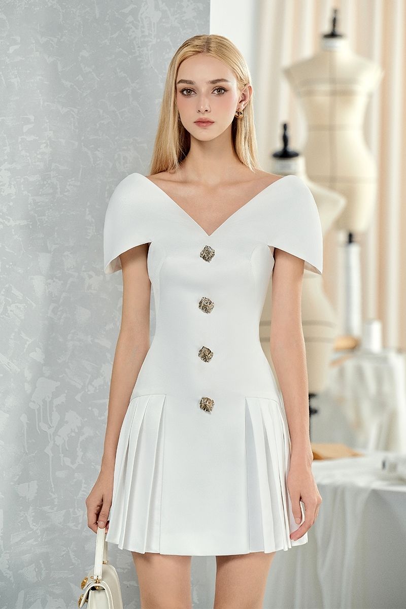 WHITE A-LINE FLARED NECKLINE MIDI DRESS - CULT MIA