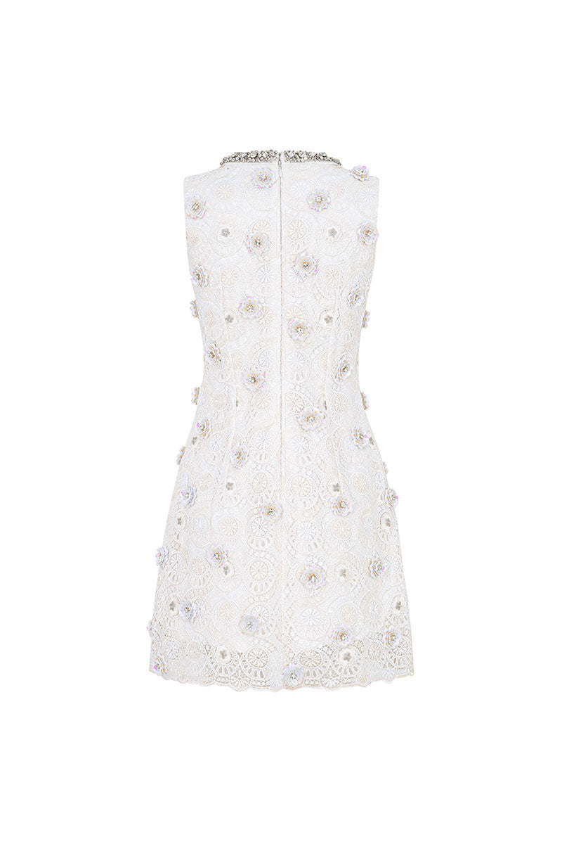 Valenciani mini lace dress with floral applique, featuring delicate lace fabric and intricate floral details on the front.