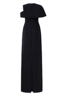 Black stone orchid asymmetric shoulder gown and cape by Tracy Studio, featuring elegant draping and intricate design details.