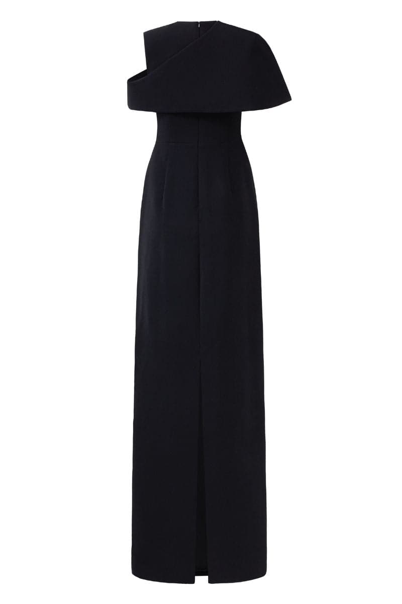 Black stone orchid asymmetric shoulder gown and cape by Tracy Studio, featuring elegant draping and intricate design details.