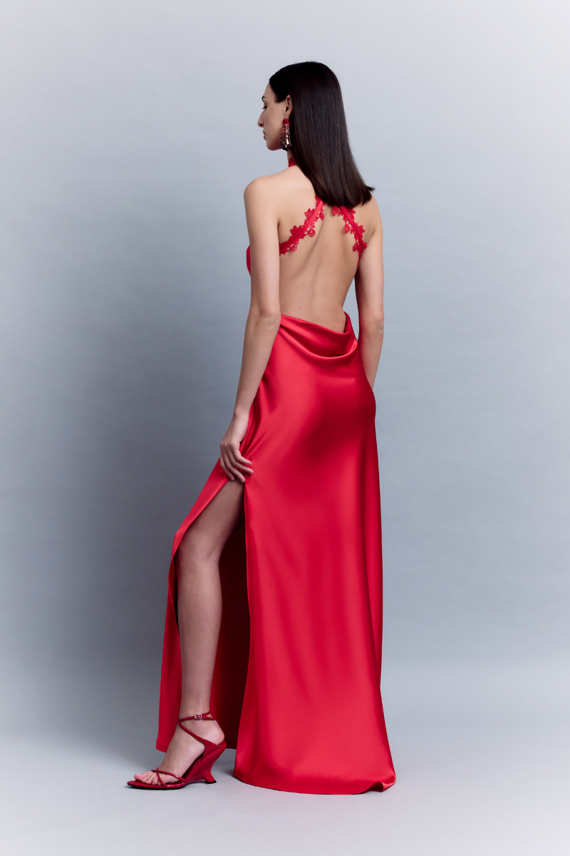 HALTER NECK MAXI SATIN DRESS WITH LACE TRIMMINGS - CULT MIA