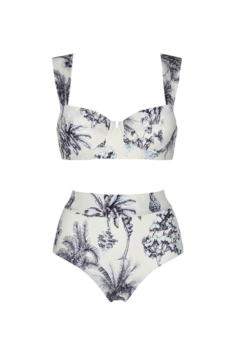 Aguaclara Grasse Bleue bikini set with a bustier top and high-waisted bottoms in vibrant blue fabric, displayed on a plain background.