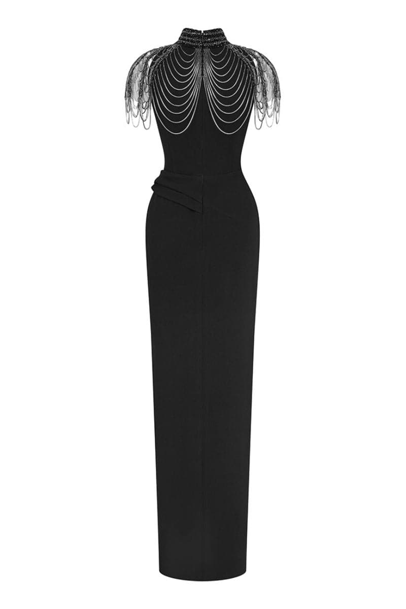 LOUSIA BLACK HIGH-NECK DRAPED GOWN - CULT MIA