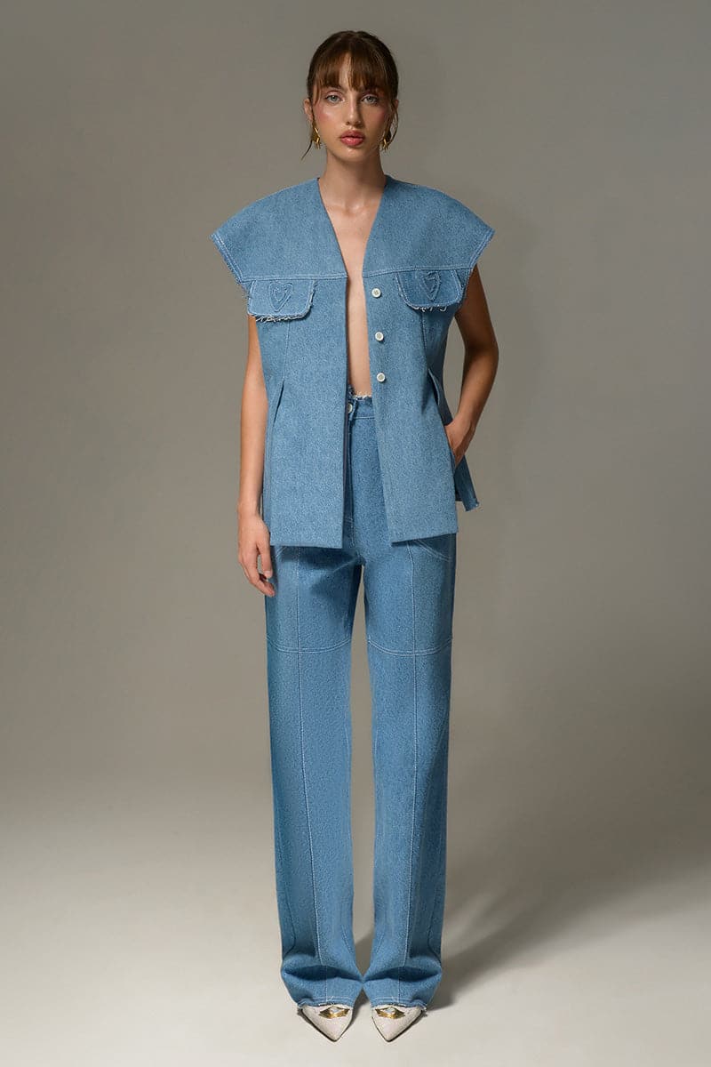 Liya Aqua Denim Relaxed Pants shown in a casual fit with a relaxed style, featuring a lightweight denim fabric and classic design.