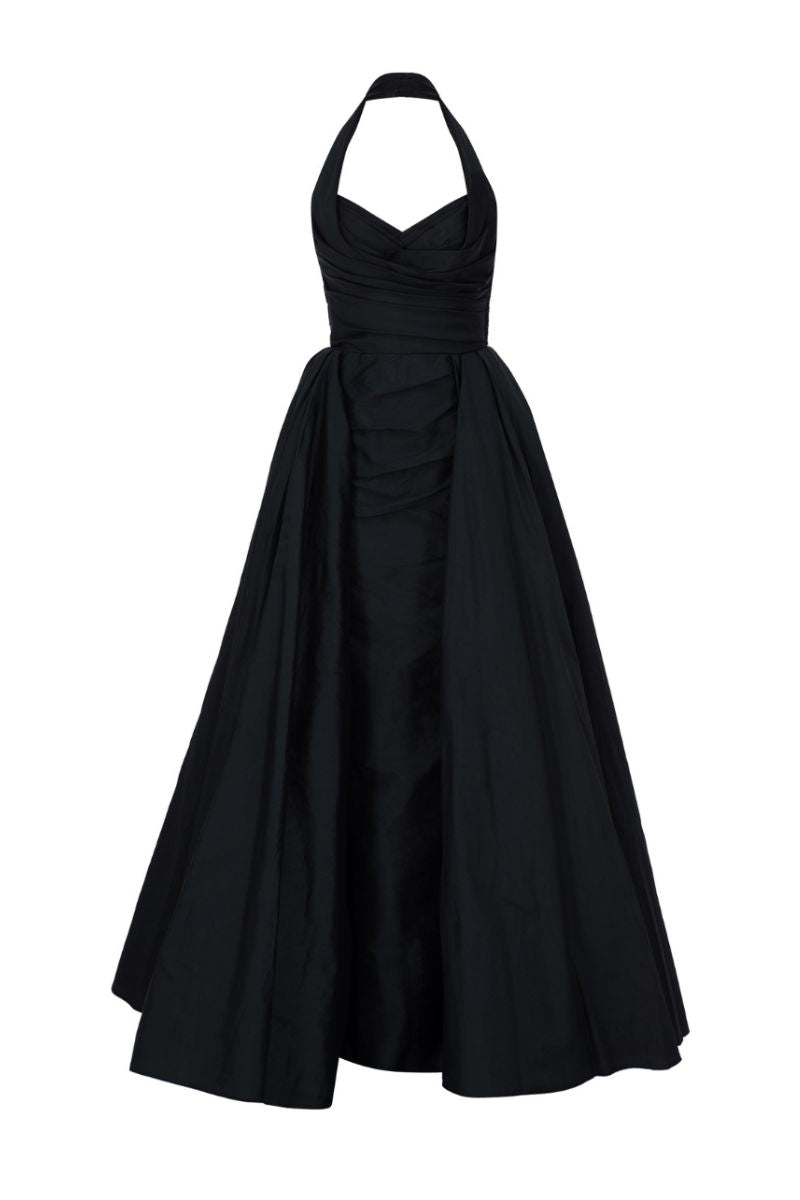 MABLE BLACK HALTER OVERSKIRT GOWN | CULT MIA