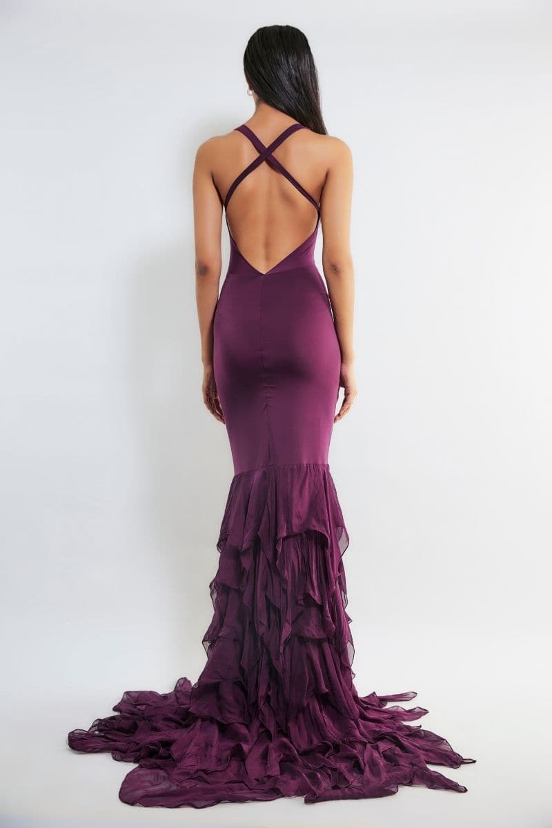CAREN WINE RUFFLE MERMAID GOWN - CULT MIA