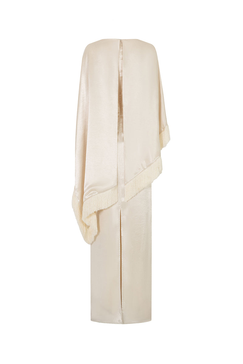Cream Valenciani column gown with fringed trim cape, elegant formal dress featuring flowing fabric and stylish cape detail.