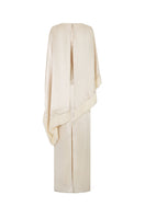 Cream Valenciani column gown with fringed trim cape, elegant formal dress featuring flowing silhouette and stylish layered design.