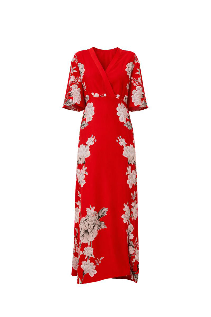 Raishma Frankie Midi Dress displayed on a hanger, showcasing its stylish design and elegant fabric.