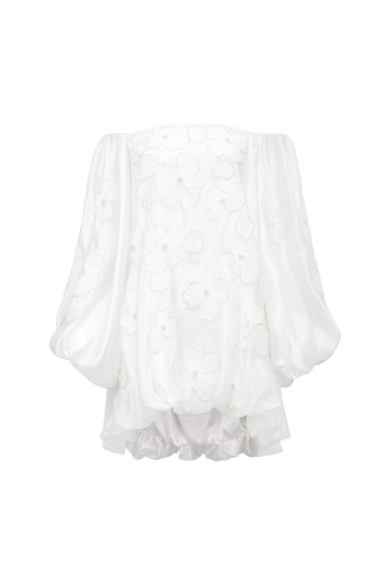 AIMEE WHITE SHINY SILK 3D FLORAL MINI DRESS - CULT MIA