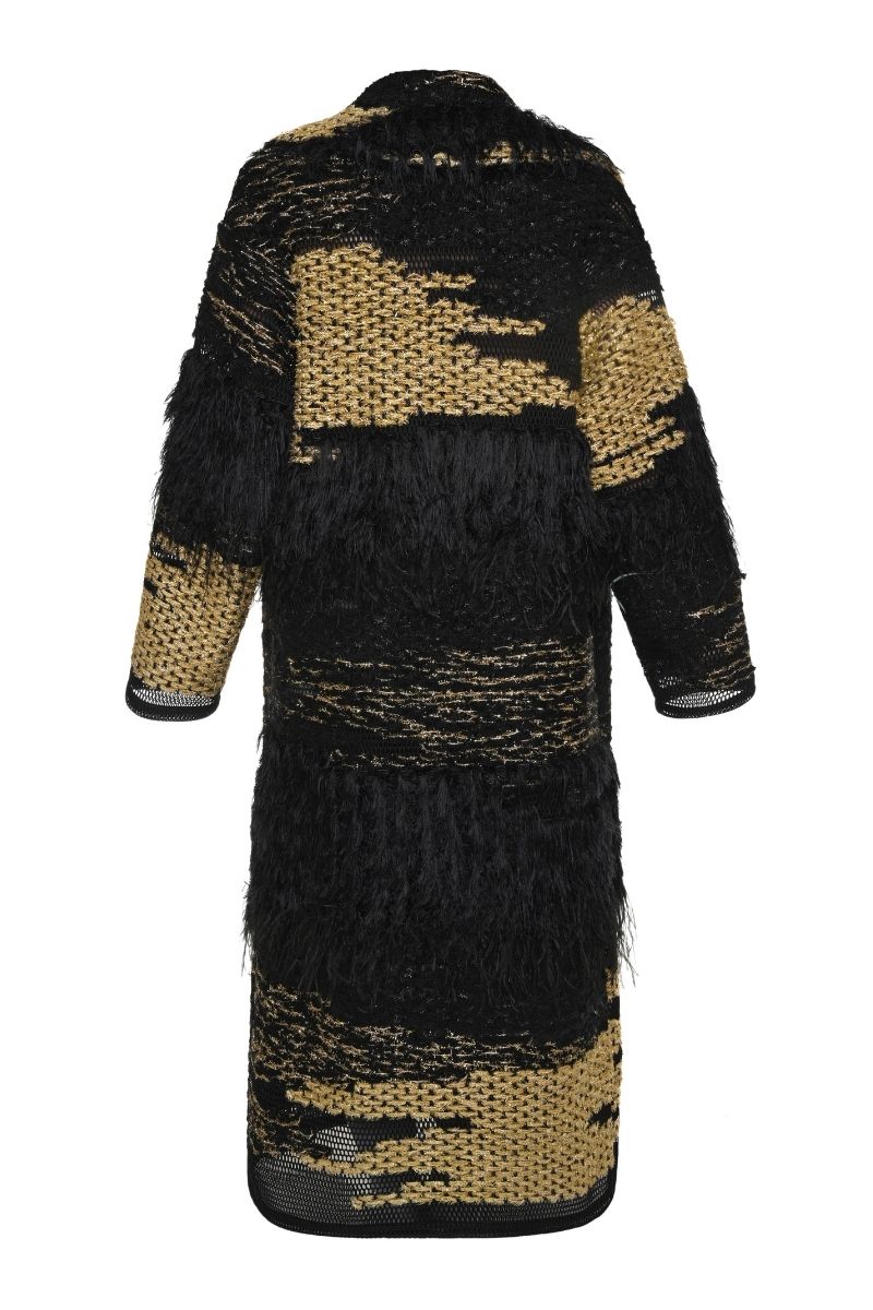 Lalo oversized black coat with gold accents, stylish outerwear featuring a relaxed fit and modern design.