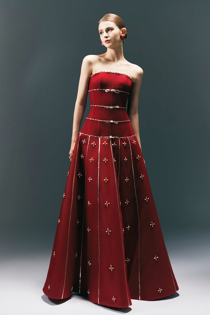 HAPPY CLOTHING CULT MIA X terry strapless stone organza gown with flowing silhouette and elegant design.
