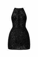 Black Amira lace mini dress by 21Six displayed on a hanger with detailed lace fabric and fitted silhouette.