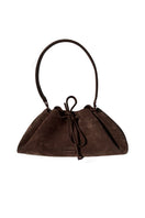 Rose de Mai Arabesque bucket shoulder bag in chocolate brown with rounded shape and adjustable strap.