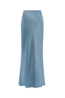 LEKIEU Genova Blue Midi Skirt displayed with a fitted waist and flowing fabric, styled for casual or formal wear.