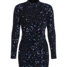 LARETAGGIO Bracciano blue sequin mini dress with long sleeves and fitted silhouette, perfect for evening or special occasions.