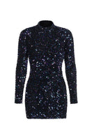 LARETAGGIO Bracciano blue sequin mini dress with long sleeves and fitted silhouette, perfect for evening or special occasions.