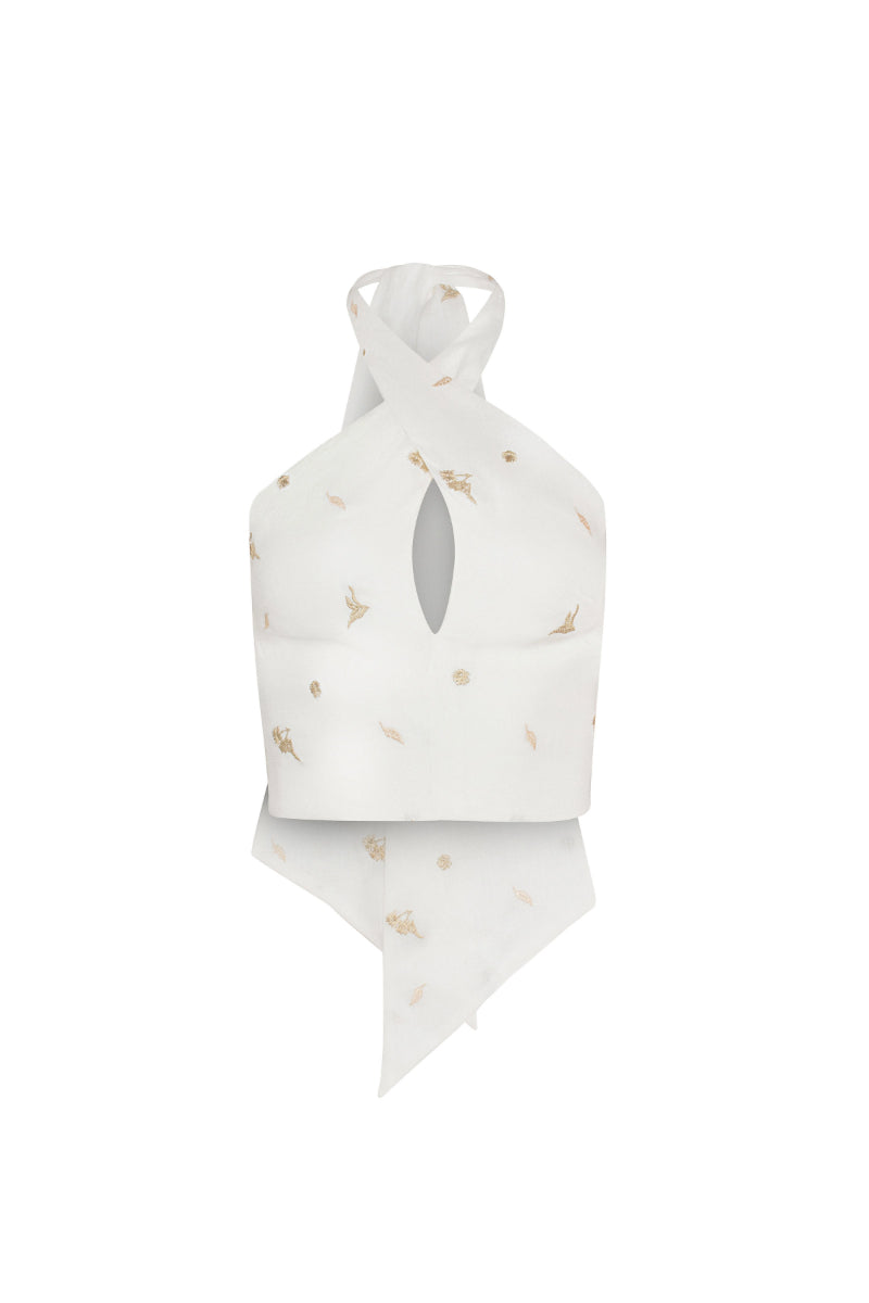 Estefania white gold lilies pareo halter top, stylish sleeveless summer top with floral design and halter neckline.