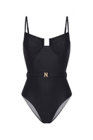 Nelblu Arena one-piece swimsuit in black, featuring a sleek design with adjustable straps and moderate coverage.