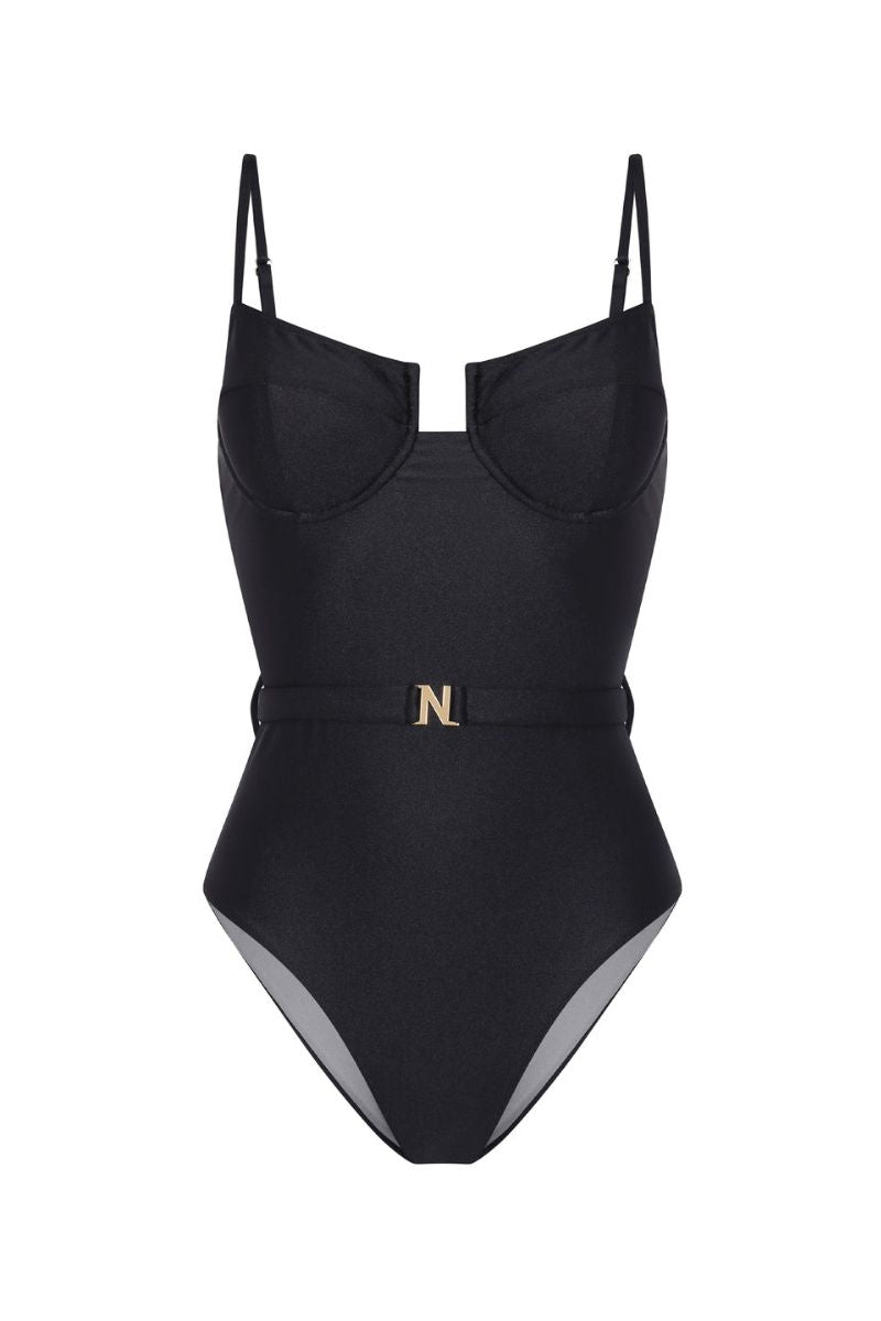 Nelblu Arena one-piece swimsuit in black, featuring a sleek design with adjustable straps and moderate coverage.