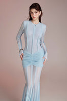Do Long Aurora Star Blue gown featuring a flowing, elegant design with starry pattern and long sleeves.