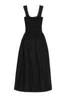 Black Luna midi dress by Summer Away, showcasing a stylish, flowy midi dress with a fitted waist and elegant design.