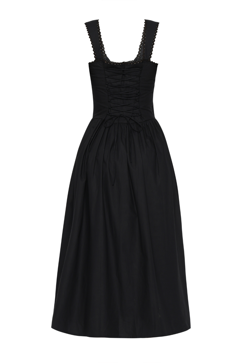 Black Luna midi dress by Summer Away, showcasing a stylish, flowy midi dress with a fitted waist and elegant design.