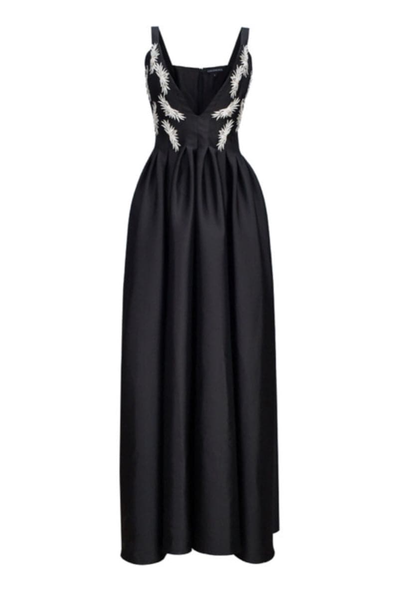 BLACK HAND EMBROIDERED CRYSTAL TAFFETA MAXI DRESS - CULT MIA