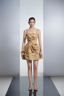 Beige floral tweed mini dress by Happy Clothing, featuring a fitted silhouette and stylish floral pattern.