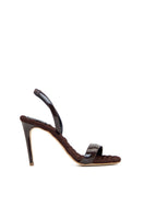A pair of AERA Vivien brown patent-effect slingback sandals with open toes and low block heel, displayed on a neutral background.