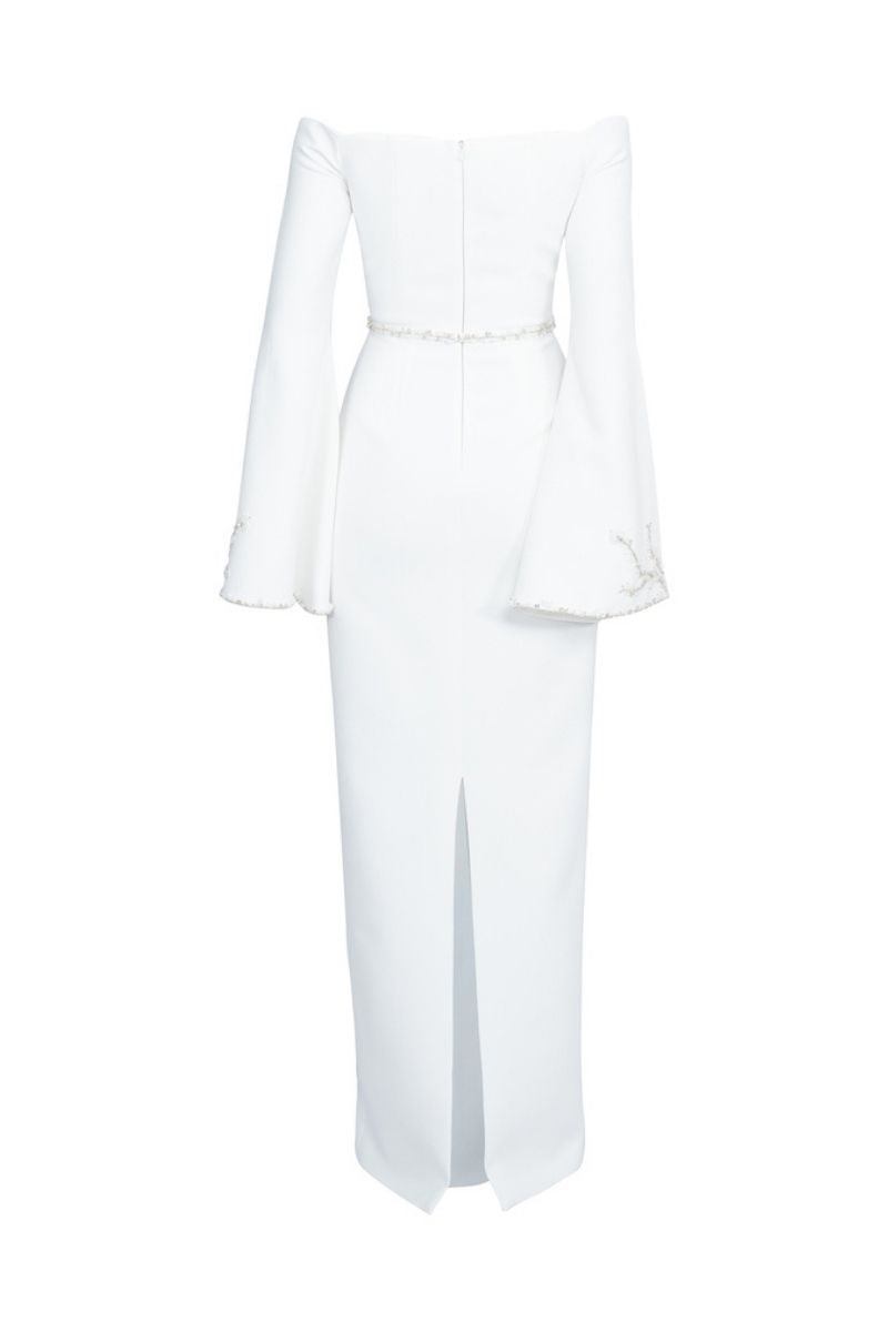 WHITE OFF-SHOULDER SPANISH SLEEVE LONG DRESS - CULT MIA