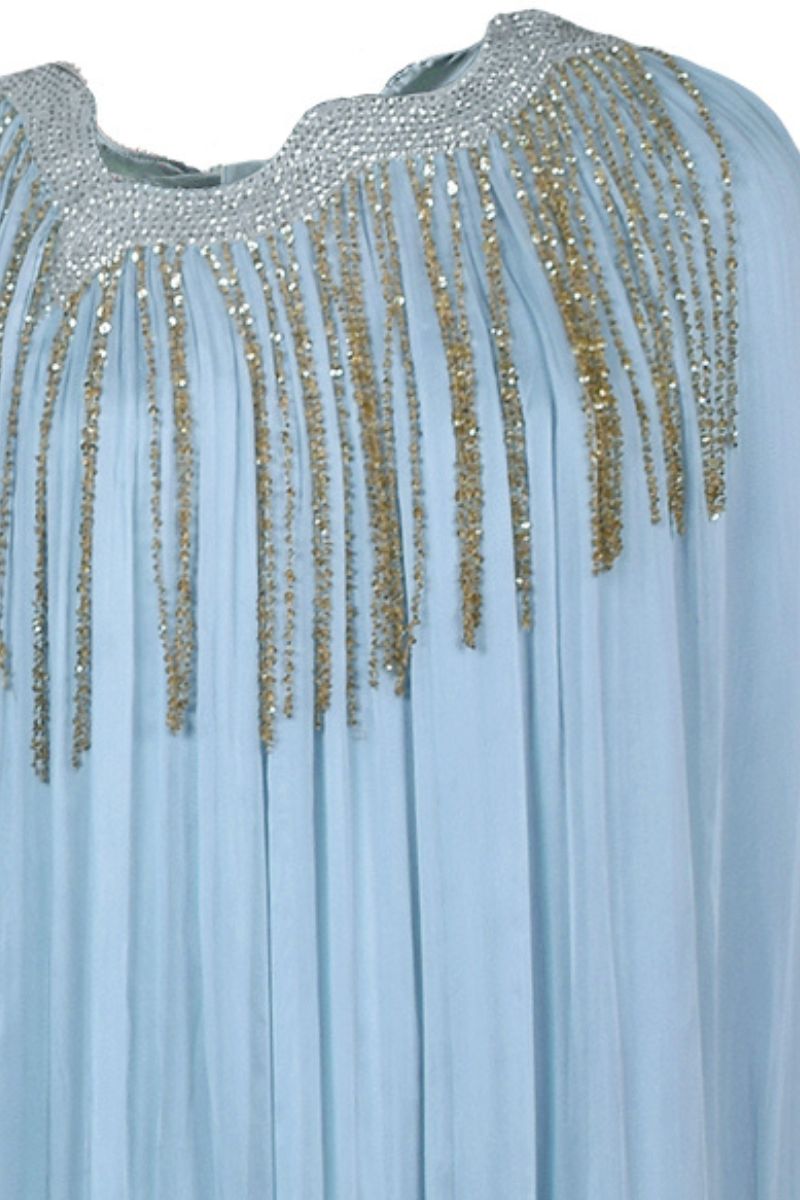 Powder blue angular gathered kaftan maxi dress by AKHL with flowing fabric and elegant design, perfect for stylish summer wear.