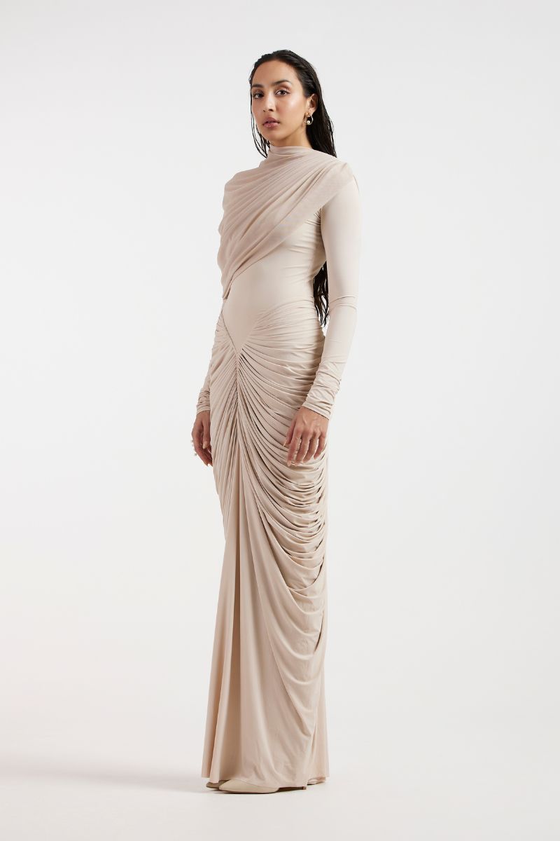 ELORA BEIGE DRAPED GOWN - CULT MIA