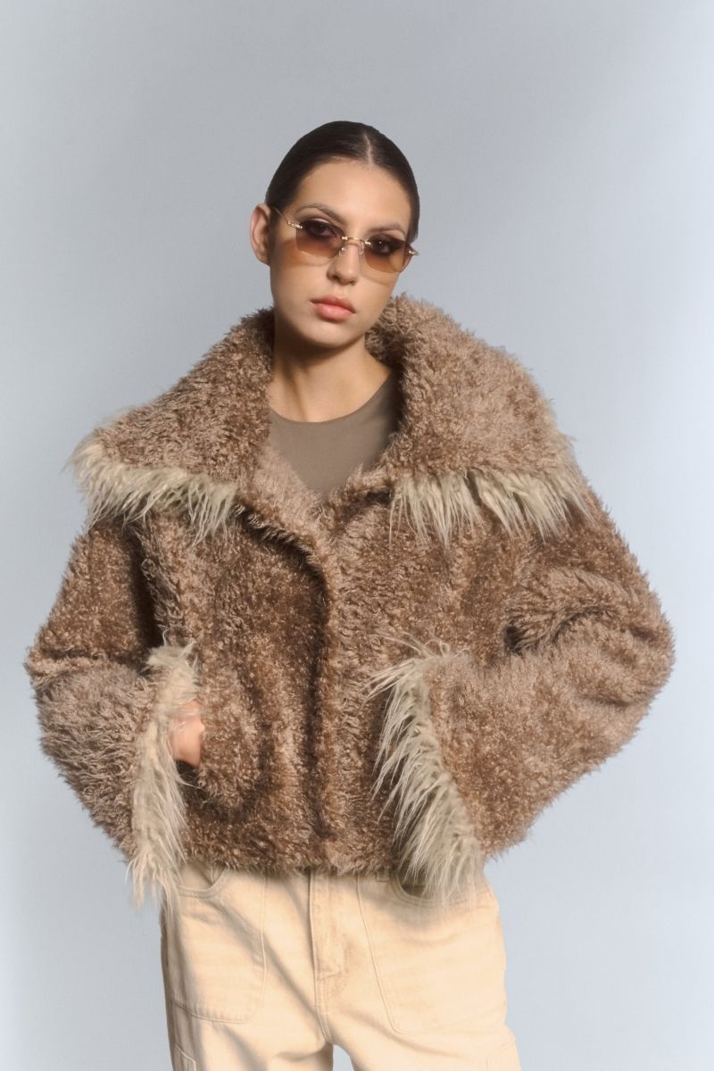 CROPPED FAUX FUR JACKET WITH TURN-UP CUFFS IN BEIGE - CULT MIA