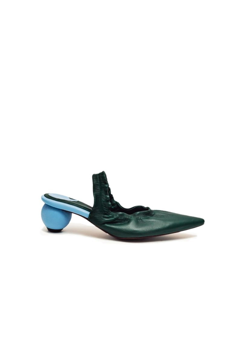 Christin Wu Phoebe Tourmaline Green Mules heels with pointed toe and sleek design, perfect for stylish footwear.