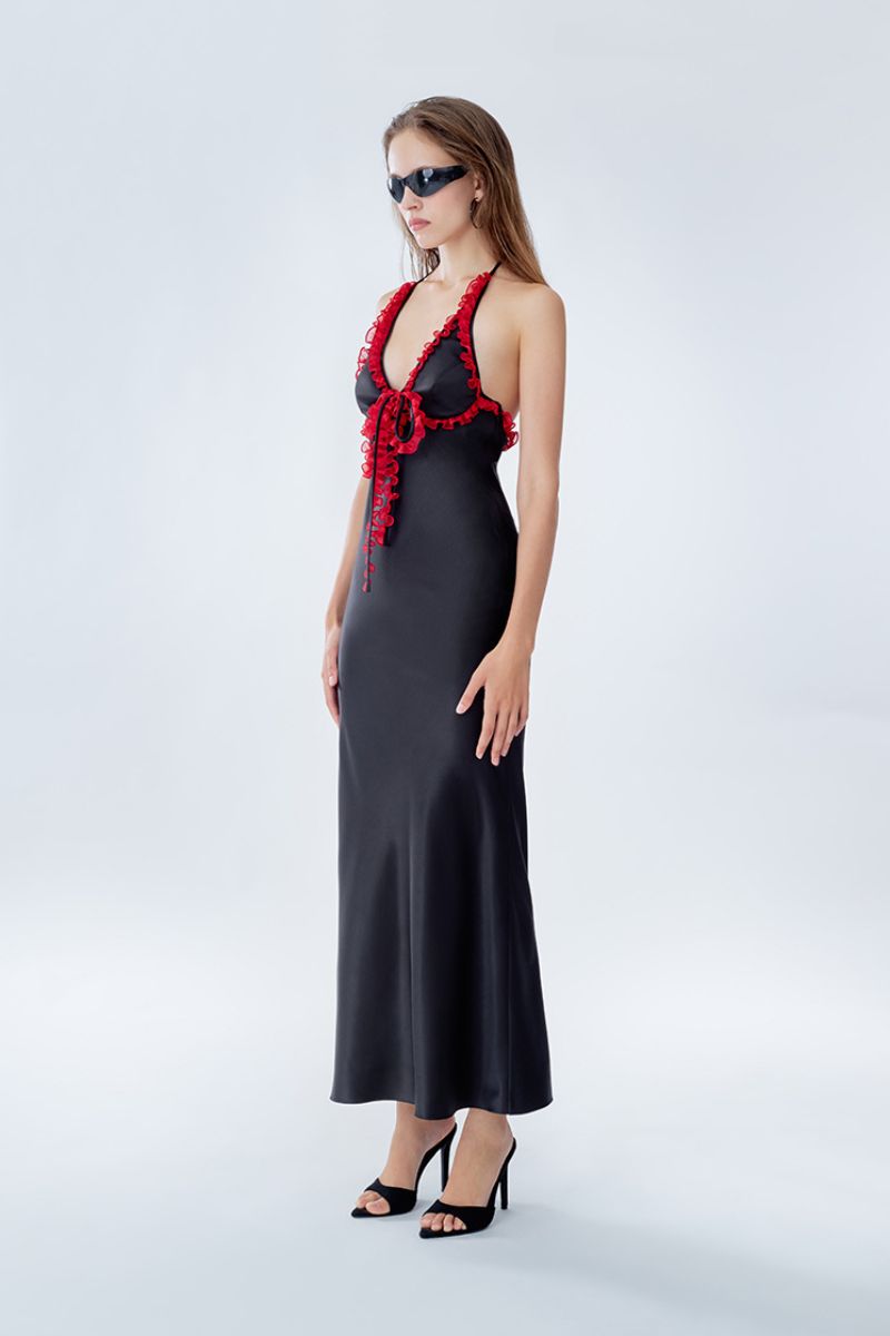 MINI RUFFLE MAXI SLIP DRESS IN BLACK AND RED - CULT MIA