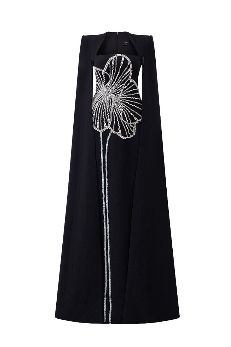CRYSTAL FLORAL PATTERNED BLACK GOWN - CULT MIA