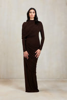 Deme By Gabriella Donna Maxi Gown in espresso brown, flowing dress with elegant design and soft fabric, showcased on a model.