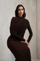 Deme By Gabriella Donna Maxi Gown in espresso brown, flowing fabric, elegant design, full-length dress on models.