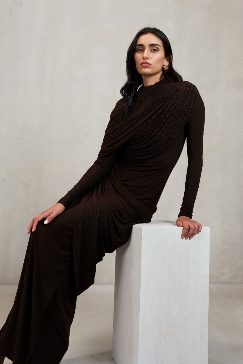 espresso brown formal dress Espresso Brown Linen Dress: One Shoulder Wedding Guest Dress