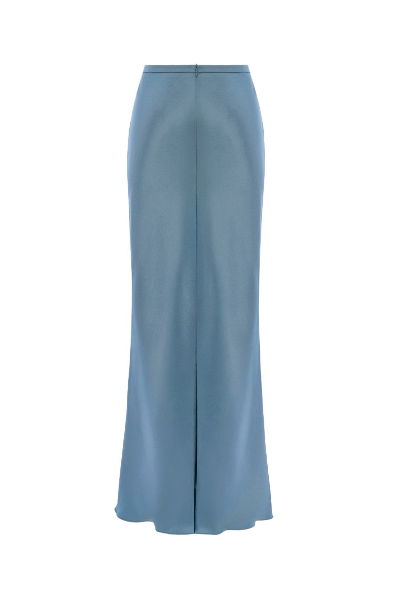 Blue LEKIEU Genova midi skirt displayed flat with a waistband and flowing fabric, showcasing a stylish and elegant design.