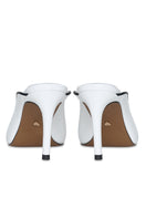 White RIVA HEEL in 10TH FLOOR heels, stylish open-toe design with block heel, perfect for elegant evening wear.