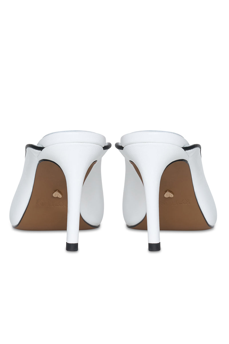 White RIVA HEEL in 10TH FLOOR heels, stylish open-toe design with block heel, perfect for elegant evening wear.