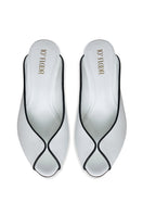 White RIVA heels by 10TH FLOOR with sleek design and open toe, featuring a stylish heel for elegant footwear.
