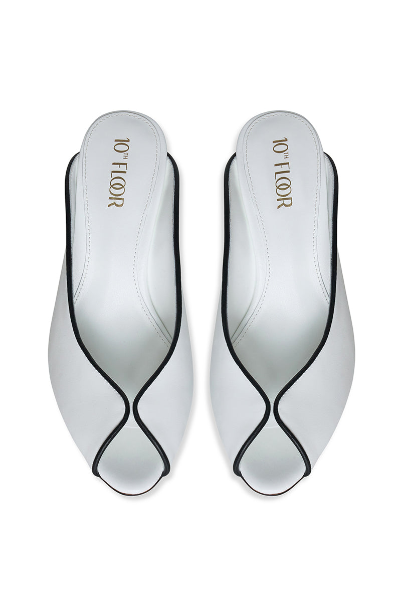 White RIVA heels by 10TH FLOOR with sleek design and open toe, featuring a stylish heel for elegant footwear.