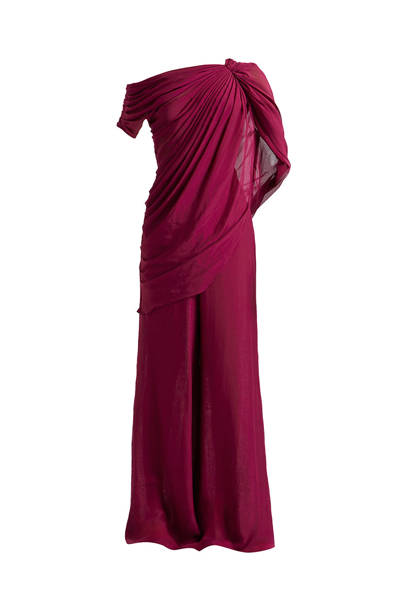 Deme By Gabriella aubergine co-ord set featuring a matching top and pants, styled for a modern, coordinated look.