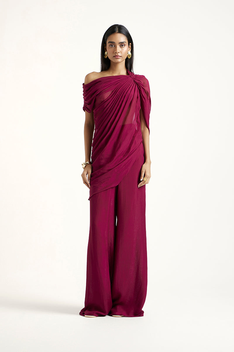 Deme By Gabriella aubergine co-ord set featuring matching top and pants, stylish and coordinated outfit for casual or smart wear.