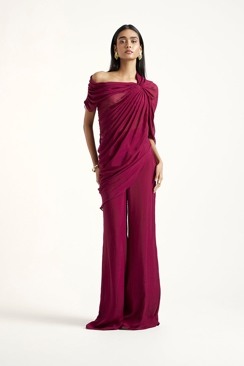Deme By Gabriella aubergine co-ord set featuring matching top and pants, styled for a chic, coordinated look.