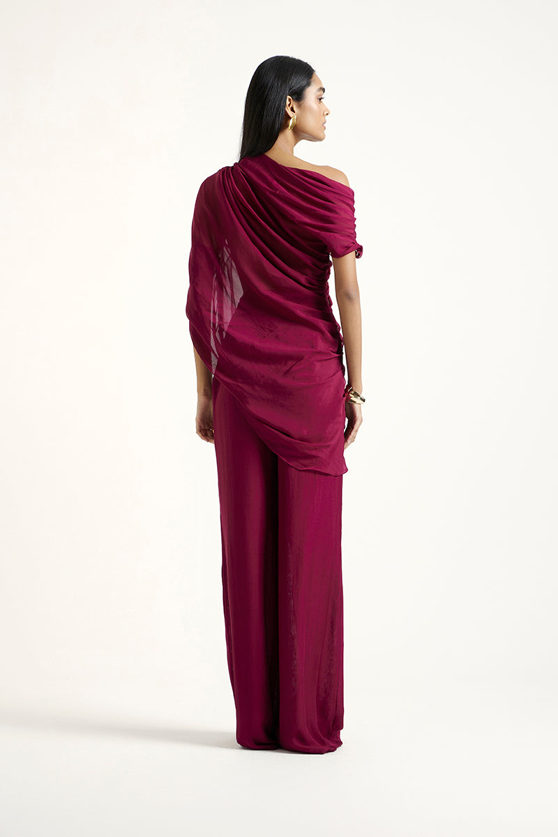 Deme By Gabriella aubergine co-ord set featuring a stylish matching top and pants, perfect for a chic, coordinated look.